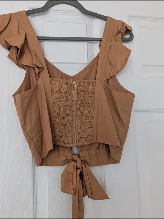 Tie-Back Ruffle Strap Crop Top - Tan - Picture 2 of 4